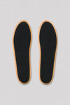 Underside of a pair of lambskin insoles with a black perforated Charcoal Layer and tan edges on a grey background