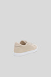 Heel view of Olen beige calfskin Città sneaker showing embossed logo detail.