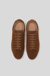 Top-down view of Olen brown suede Città sneakers with matching brown laces.